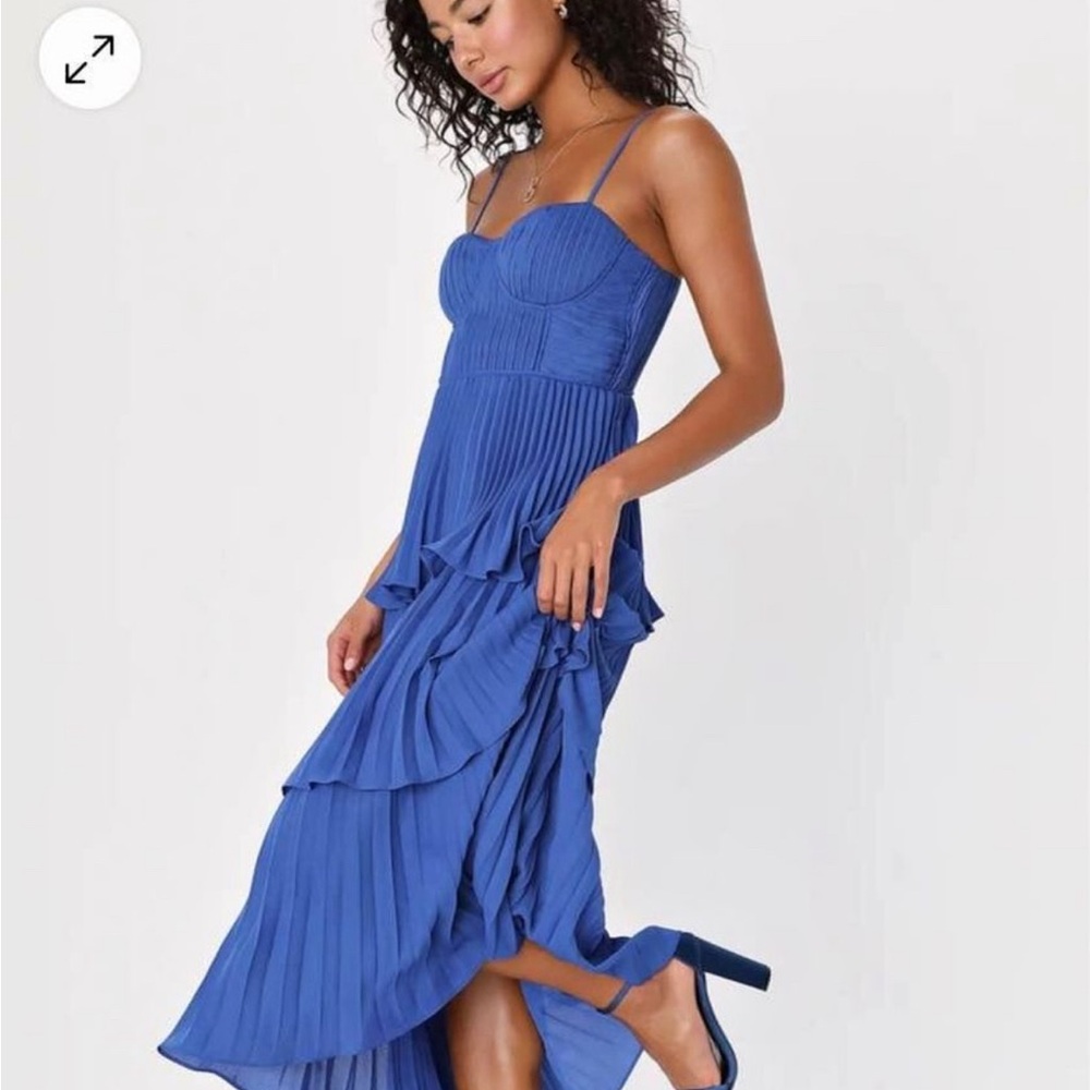 Lulu’s Cascading Crush Cobalt Blue Tiered Bustier Midi Dress - Size small